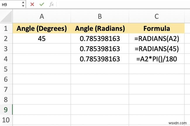 Excel에서 각도를 도에서 라디안으로 변환하는 방법