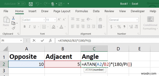 Excel TAN 함수:접선 각도를 찾는 방법
