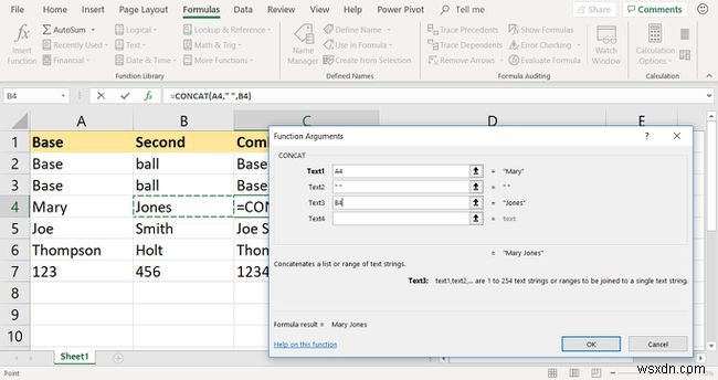 Excel CONCATENATE 기능을 사용하여 셀을 결합하는 방법