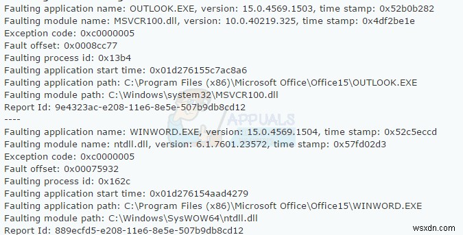 수정:ntdll.dll/MSVCR100.dll과 함께 Microsoft Word 및 Outlook 2013 충돌