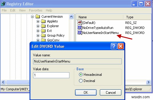Windows XP 시작 메뉴에서 사용자 이름 숨기는 레지스트리 꿀팁