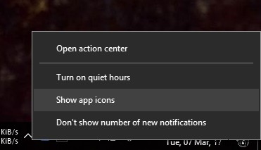 Windows 10 알림 센터 앱 아이콘 켜기 및 끄는 방법