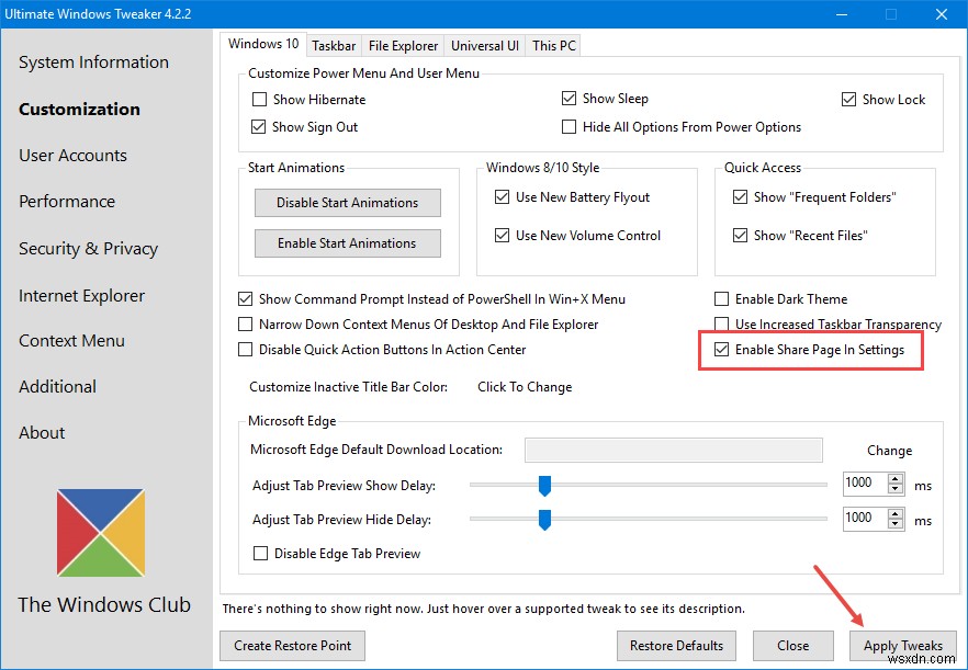 Windows 10 설정 앱에서 숨겨진 공유 설정 옵션 활성화하는 방법