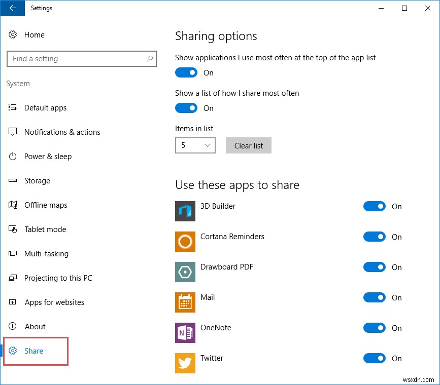 Windows 10 설정 앱에서 숨겨진 공유 설정 옵션 활성화하는 방법
