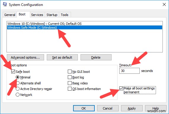 Windows 10 부팅 메뉴에 안전 모드 추가하는 방법
