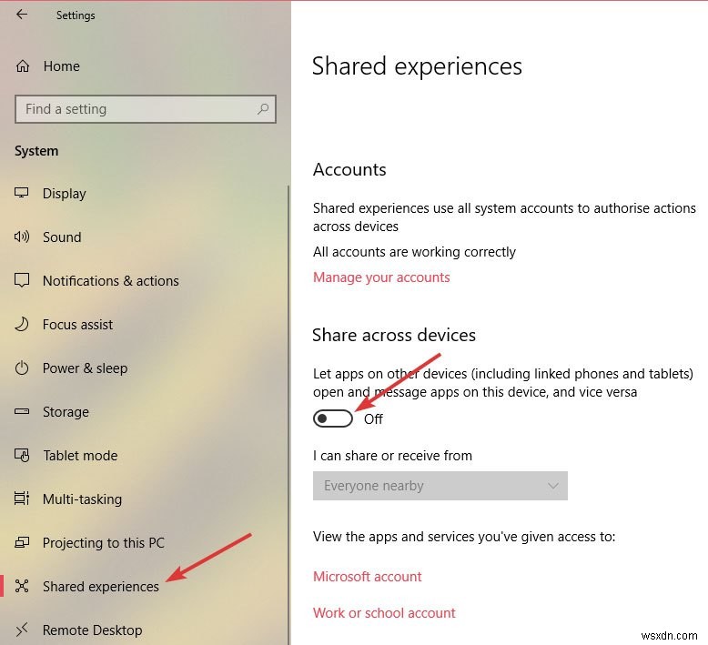 Windows 10에서 공유 환경(Shared Experiences) 기능 비활성화하는 방법