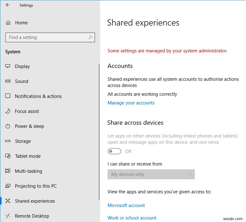 Windows 10에서 공유 환경(Shared Experiences) 기능 비활성화하는 방법