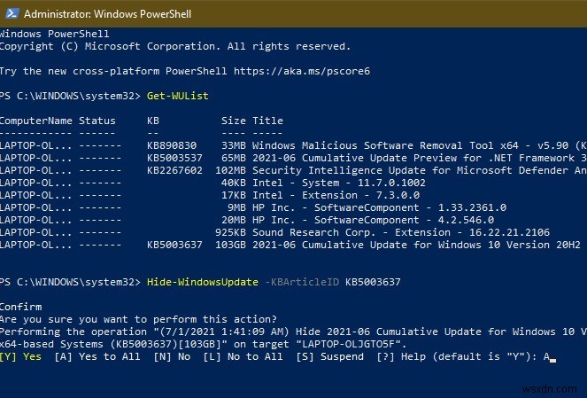 Windows 10에서 PowerShell로 원치 않는 업데이트 숨기는 방법