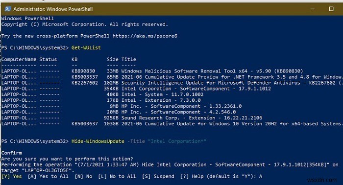 Windows 10에서 PowerShell로 원치 않는 업데이트 숨기는 방법