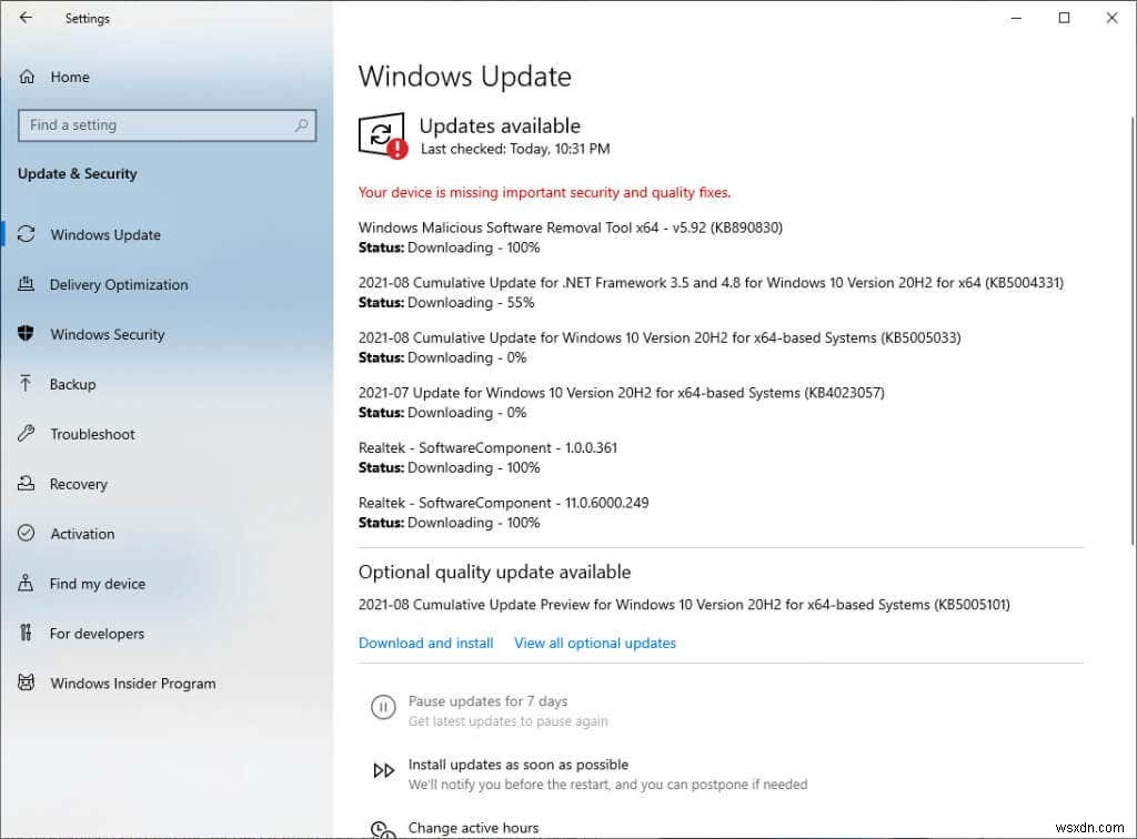 Windows 10  장치에 중요한 보안 및 품질 수정 사항이 누락되었습니다  오류 해결 방법