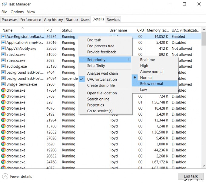 Windows 10 작업 관리자에서 프로세스 우선순위 설정하는 방법