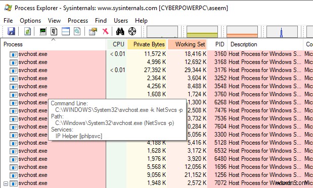 Windows에서 svchost.exe 프로세스가 실행 중인 서비스 확인하는 방법