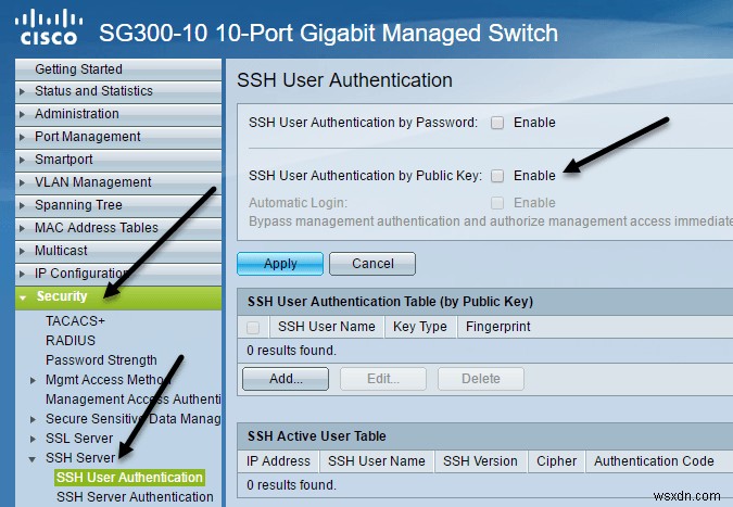 Cisco SG300 스위치에서 SSH 공개 키 인증 활성화하는 방법