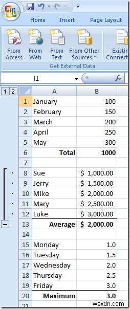 Excel 워크시트에서 행 및 열 그룹화하는 방법
