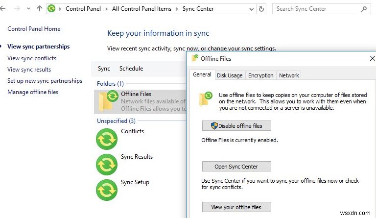 Windows 10 오프라인 파일 활성화 및 구성 가이드