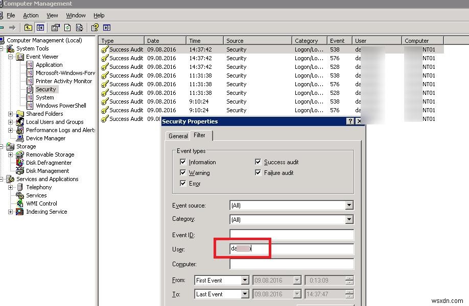 Windows Server 2008 이상에서 사용자 이름으로 이벤트 로그를 필터링하는 방법
