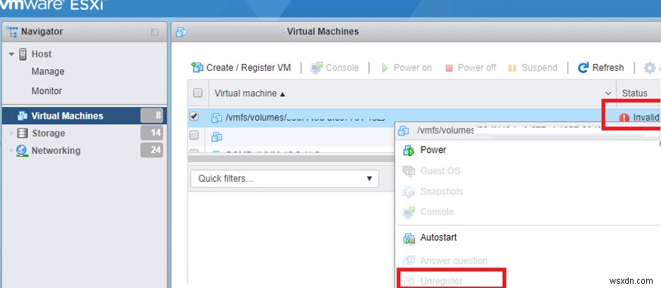 VMware ESXi에서 가상 머신  Invalid  상태 해결 방법 완벽 가이드