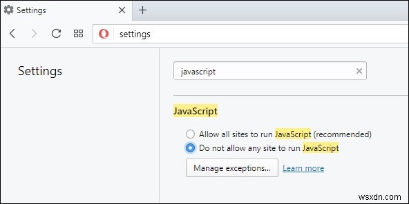 Opera 브라우저에서 JavaScript를 비활성화하는 방법