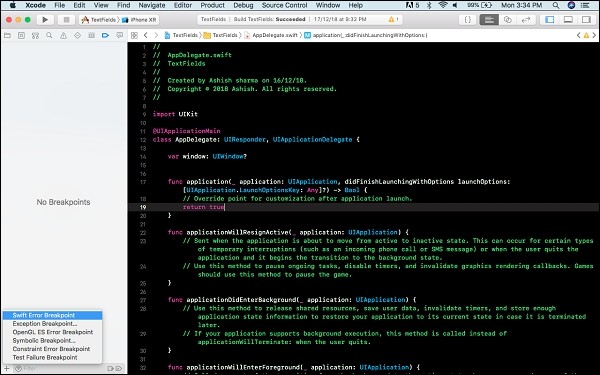 Xcode에서 예외 중단점(Exception Breakpoint) 추가하는 방법