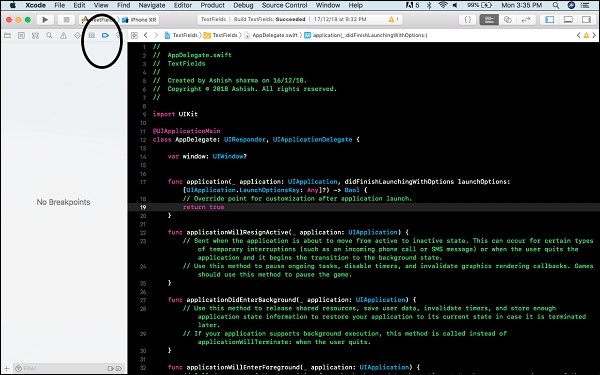 Xcode에서 예외 중단점(Exception Breakpoint) 추가하는 방법