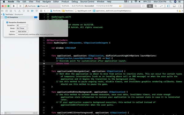 Xcode에서 예외 중단점(Exception Breakpoint) 추가하는 방법