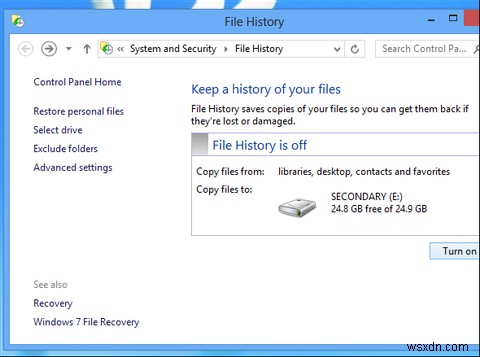 Windows 8에 내장된  타임머신  백업 기능, 파일 기록(File History) 활용법