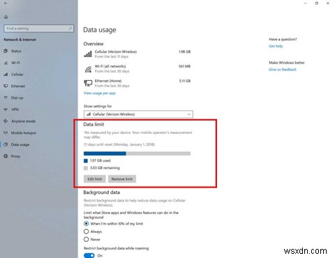 Windows 10에서 Wi-Fi·이더넷 데이터 사용량 제한 설정하는 방법
