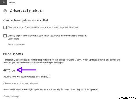 Windows 10 크리에이터 업데이트, 새로운  업데이트 일시 중지  버튼 도입