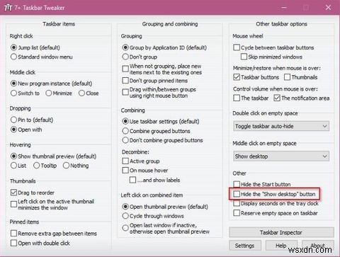 Windows 10에서 작업 표시줄의  바탕 화면 보기  버튼 완전히 숨기는 방법