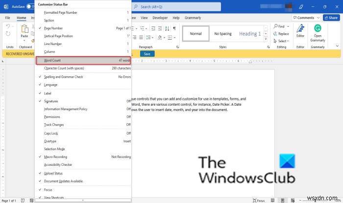 Microsoft Word에서 단어 수 표시 끄는 방법