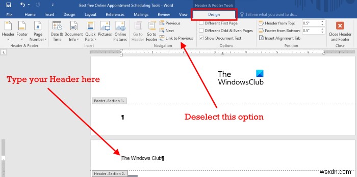 Microsoft Word에서 특정 페이지에만 머리글과 바닥글 삽입하는 방법
