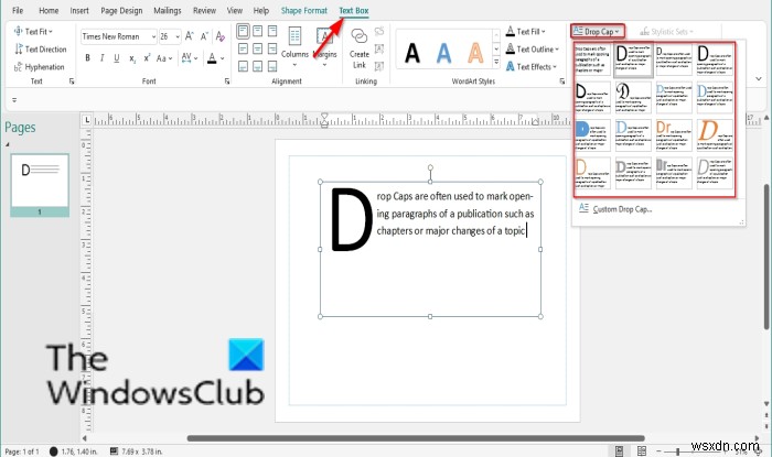 Microsoft Publisher에서 드롭캡(Drop Cap)을 만들고 삽입하는 방법