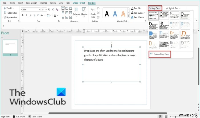 Microsoft Publisher에서 드롭캡(Drop Cap)을 만들고 삽입하는 방법