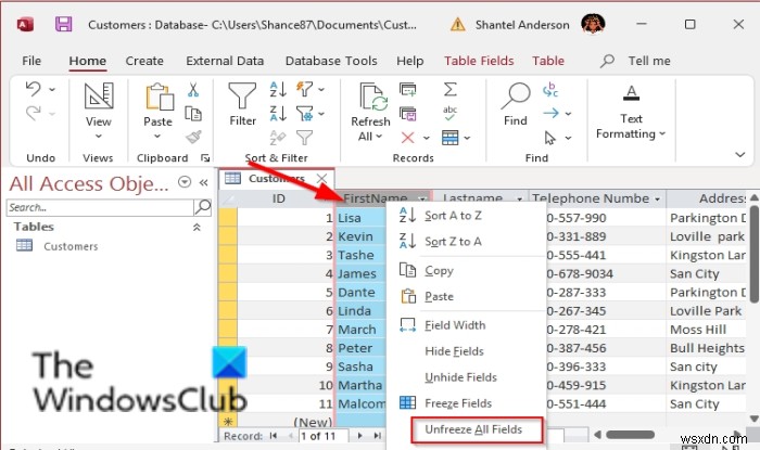 Microsoft Access에서 열 고정 및 고정 해제하는 방법