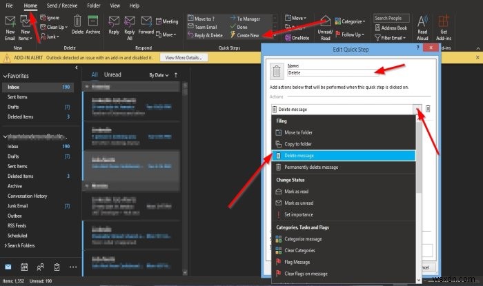 아웃룩(Outlook) 빠른 단계(Quick Steps) 생성, 편집, 삭제하는 방법