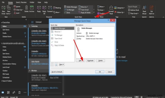 아웃룩(Outlook) 빠른 단계(Quick Steps) 생성, 편집, 삭제하는 방법