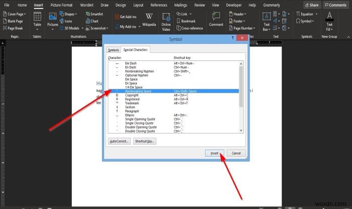 Microsoft Word에서 줄바꿈 없는 공백(Non-breaking Space)을 삽입하는 방법
