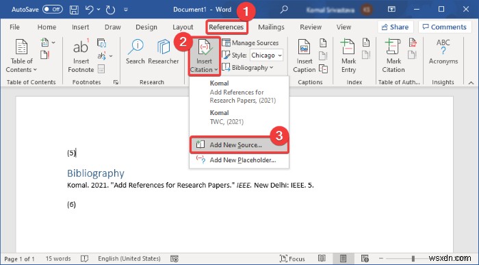 Microsoft Word에서 인용 및 참고 문헌 삽입하는 방법