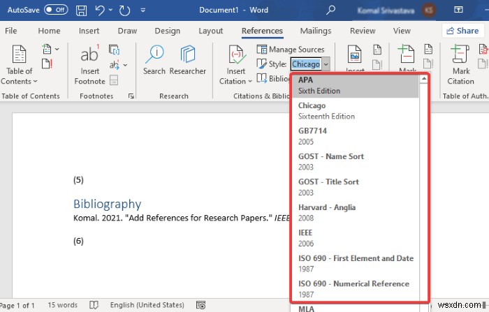 Microsoft Word에서 인용 및 참고 문헌 삽입하는 방법