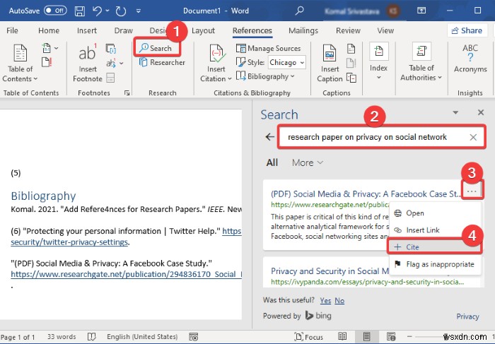 Microsoft Word에서 인용 및 참고 문헌 삽입하는 방법
