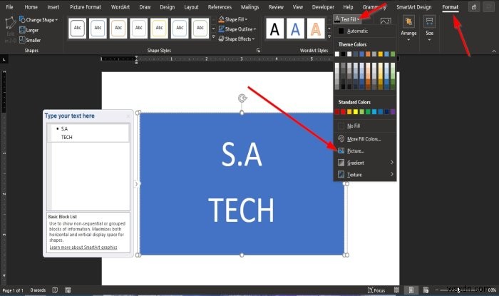 MS Word에서 텍스트 안에 이미지 삽입하는 방법 – SmartArt와 텍스트 채우기 활용
