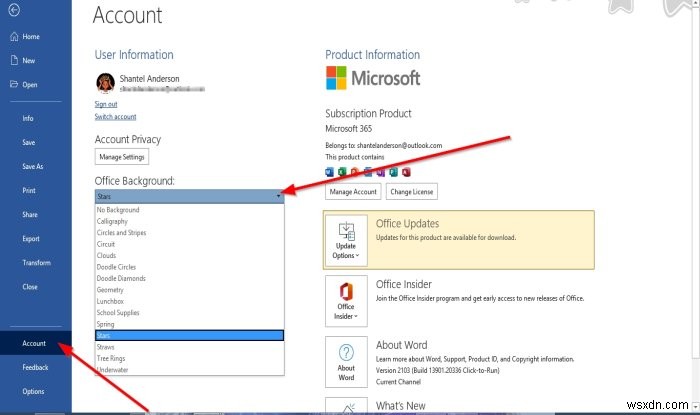 Microsoft Office에서 Office 배경 설정하는 방법