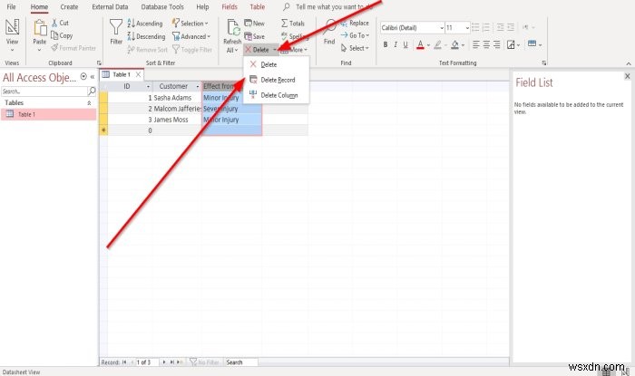 Microsoft Access 데이터베이스에서 레코드 추가·삭제 및 열 크기 조정하는 방법