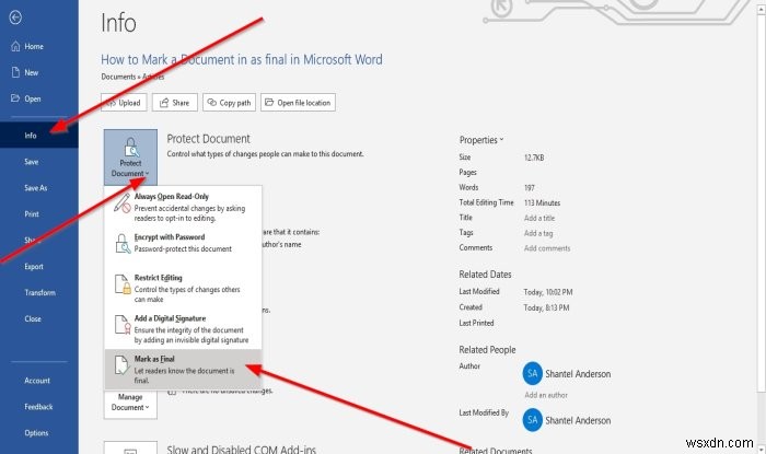 Microsoft Word에서 문서를  최종본으로 표시 하고 해제하는 방법