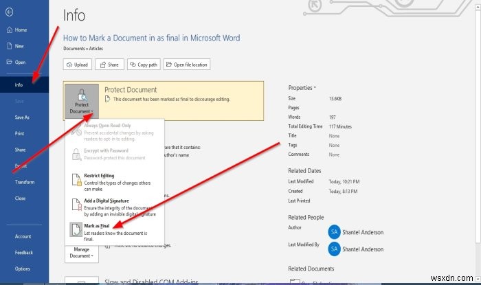 Microsoft Word에서 문서를  최종본으로 표시 하고 해제하는 방법