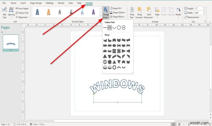 Microsoft Publisher에서 워드아트(WordArt) 텍스트 모양을 변경하는 방법