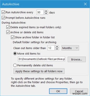 Windows 11/10 Microsoft Outlook에서 오래된 항목 자동 보관(AutoArchive) 설정하는 방법
