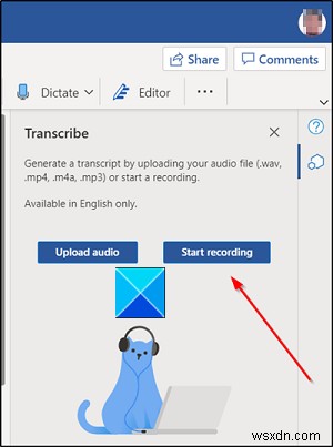 웹용 MS Word 전사(Transcribe) 기능으로 음성을 텍스트로 변환하는 방법
