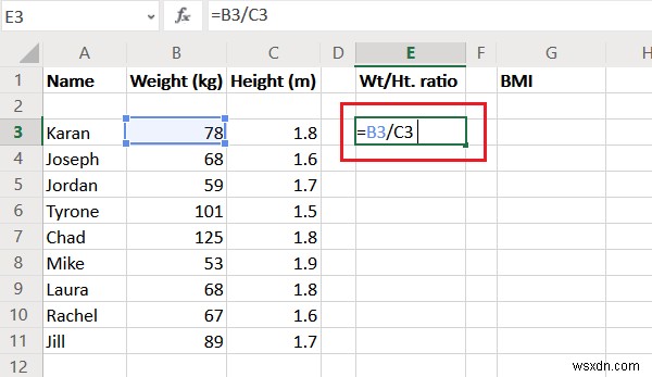 엑셀(Excel)에서 BMI 계산 공식으로 체중 대 키 비율과 BMI 구하는 방법