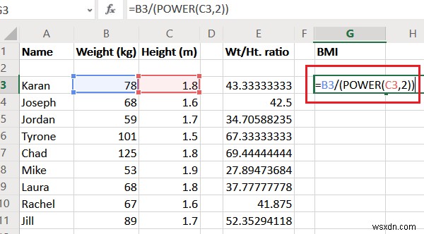 엑셀(Excel)에서 BMI 계산 공식으로 체중 대 키 비율과 BMI 구하는 방법